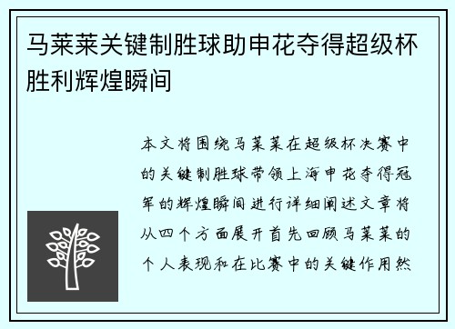马莱莱关键制胜球助申花夺得超级杯胜利辉煌瞬间